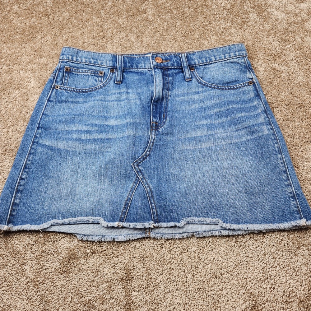 J.Crew Denim Mini Skirt Medium Wash Raw Hem Size 30P Petite Blue High Rise